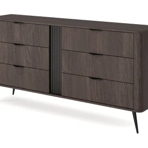 Commode 165 cm Estera voor de woonkamer op poten, 6 lades – commode in donker hout, eik Dunin Commode 165 cm Estera voor de woonkamer op poten, 6 lades – commode in donker hout, eik Dunin
