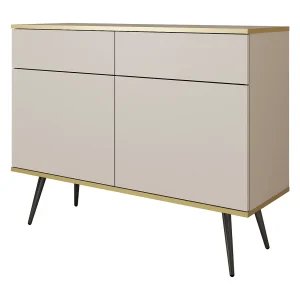 Commode met lades 107 cm Rodi, 2-deurs, op poten – woonkamerkast, beige + zwart Commode met lades 107 cm Rodi, 2-deurs, op poten – woonkamerkast, beige + zwart