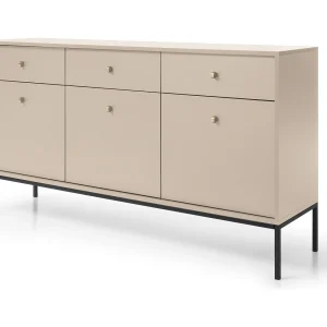 Commode 150 cm Monti – sideboard met 3 laden, 3 deuren, poten – beige + zwart Commode 150 cm Monti – sideboard met 3 laden, 3 deuren, poten – beige + zwart