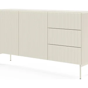 Commode met lades 147 cm Galiano – 2 deuren, hoge poten, geribbelde commode in kasjmier Commode met lades 147 cm Galiano – 2 deuren, hoge poten, geribbelde commode in kasjmier