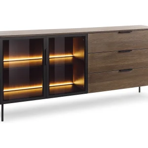 Commode 180 cm Senzia op poten – 3 lades, 2 glazen deuren, commode met LED voor de woonkamer – eik Dunin Commode 180 cm Senzia op poten – 3 lades, 2 glazen deuren, commode met LED voor de woonkamer – eik Dunin