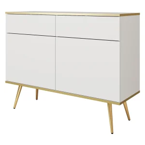 Commode met lades 107 cm Rodi, 2-deurs, op poten – woonkamerkast, wit + goud Commode met lades 107 cm Rodi, 2-deurs, op poten – woonkamerkast, wit + goud