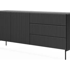 Commode met lades 177 cm Galiano – 2 deuren, hoge poten, geribbelde zwarte commode