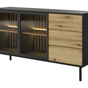 Commode 150 cm met LED Jotare, zwarte poten 20 cm – commode met lades, 2 glazen deuren – eik Evoke Commode 150 cm met LED Jotare, zwarte poten 20 cm – commode met lades, 2 glazen deuren – eik Evoke