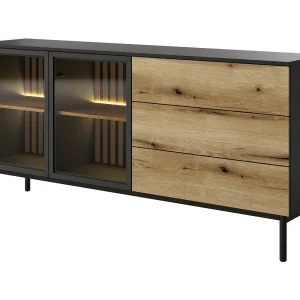 Commode 180 cm met LED Jotare, zwarte poten 20 cm – commode met lades, 2 glazen deuren – eik Evoke Commode 180 cm met LED Jotare, zwarte poten 20 cm – commode met lades, 2 glazen deuren – eik Evoke