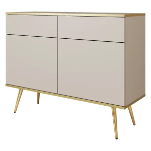 Commode met lades 107 cm Rodi, 2-deurs, op poten – woonkamerkast, beige + goud Commode met lades 107 cm Rodi, 2-deurs, op poten – woonkamerkast, beige + goud