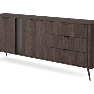 Brede commode 195 cm Estera op poten, 2 deuren, 3 lades – commode voor de woonkamer, donker hout – eik Dunin Brede commode 195 cm Estera op poten, 2 deuren, 3 lades – commode voor de woonkamer, donker hout – eik Dunin