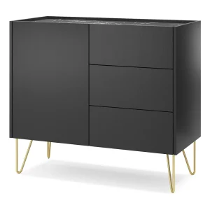 Commode met lades Olven voor de woonkamer, deuren, gouden pootjes – zwarte commode