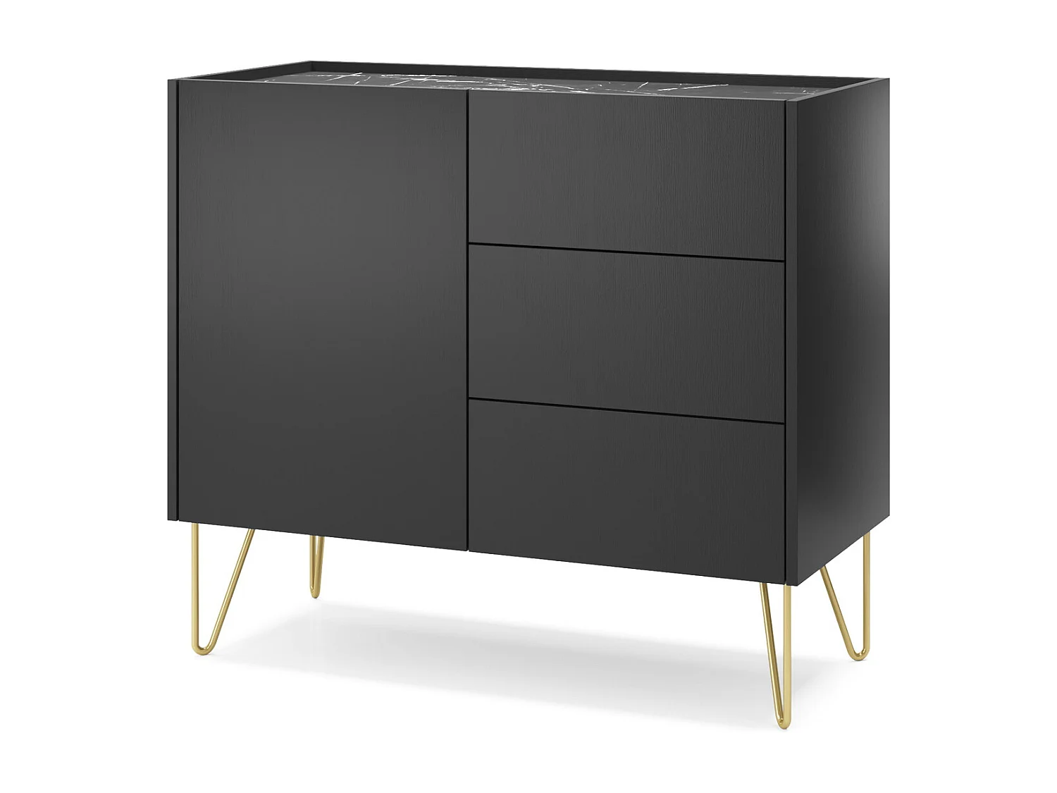 Commode met lades Olven voor de woonkamer, deuren, gouden pootjes - zwarte commode