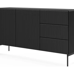 Commode met lades 147 cm Galiano – 2 deuren, hoge poten, geribbelde zwarte commode Commode met lades 147 cm Galiano – 2 deuren, hoge poten, geribbelde zwarte commode
