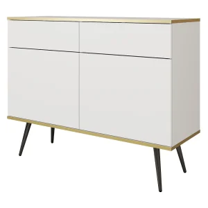 Commode met lades 107 cm Rodi, 2-deurs, op poten – woonkamerkast, wit + zwart Commode met lades 107 cm Rodi, 2-deurs, op poten – woonkamerkast, wit + zwart