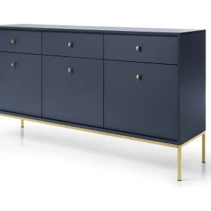 Commode 150 cm Monti – sideboard met 3 laden, 3 deuren, poten – marineblauw + goud Commode 150 cm Monti – sideboard met 3 laden, 3 deuren, poten – marineblauw + goud