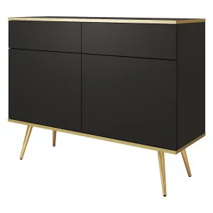 Commode met lades 107 cm Rodi, 2-deurs, op poten – woonkamerkast, zwart + goud Commode met lades 107 cm Rodi, 2-deurs, op poten – woonkamerkast, zwart + goud