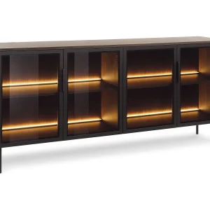 Commode op poten 180 cm Senzia met LED – dressoir voor de woonkamer, 4 glazen deuren – eik Dunin