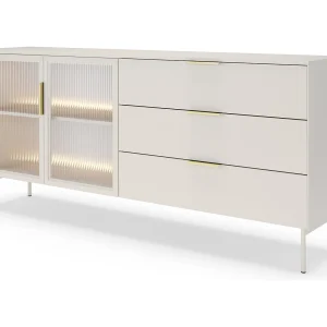 Commode 180 cm Senzia op poten – 3 lades, 2 glazen deuren, commode met LED voor de woonkamer – kasjmier Commode 180 cm Senzia op poten – 3 lades, 2 glazen deuren, commode met LED voor de woonkamer – kasjmier