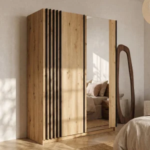 kast met 2 schuifdeuren met spiegel B150 cm kleur naturel en zwart – CALELA