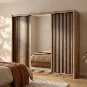 Kast met 3 schuifdeuren met spiegel L250 cm, naturel en zwart – CALOWI