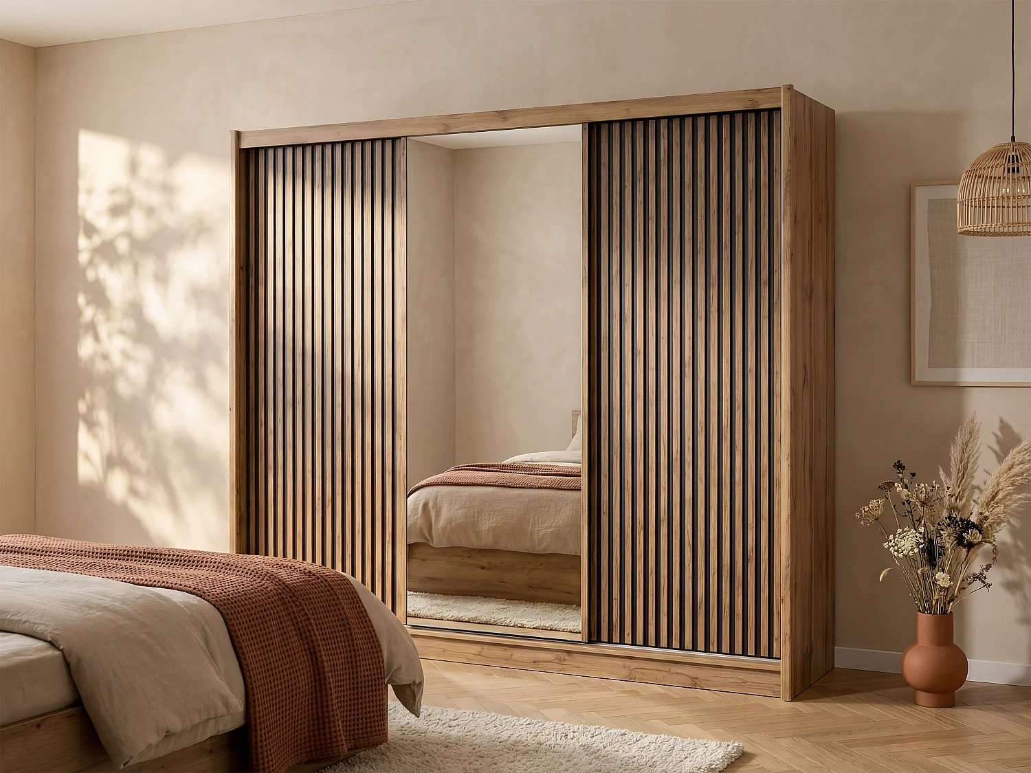 Kast met 3 schuifdeuren met spiegel L250 cm, naturel en zwart - CALOWI