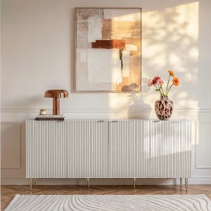 Buffetkast met 4 deurtjes van mdf en staal – Beige en goudkleurig – YESINIA Buffetkast met 4 deurtjes van mdf en staal – Beige en goudkleurig – YESINIA