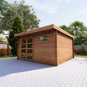 Tuinhuis van autoklaaf behandeld hout met plat dak 16,47m² dikte 28mm CORALIO Tuinhuis van autoklaaf behandeld hout met plat dak 16,47m² dikte 28mm CORALIO