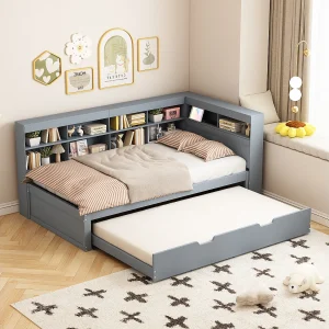 Daybed 90×200 cm met uitschuifbed en opbergplank, USB-aansluiting – grijs – zonder matras Daybed 90×200 cm met uitschuifbed en opbergplank, USB-aansluiting – grijs – zonder matras