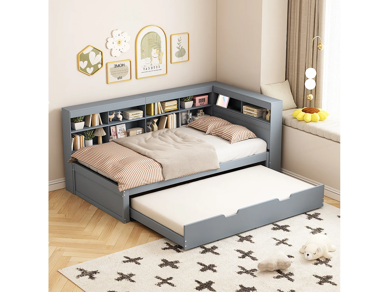 Daybed 90x200 cm met uitschuifbed en opbergplank, USB-aansluiting - grijs - zonder matras