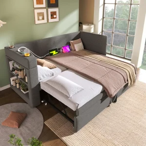 Daybed 90×190 cm van katoen-linnen, grijs, met uitschuifbed, USB/Type-C & bekerhouders Daybed 90×190 cm van katoen-linnen, grijs, met uitschuifbed, USB/Type-C & bekerhouders