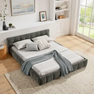 Donkergrijs tweepersoonsbed voor volwassenen 160x200cm, vierkant gewatteerd, chenillestof, hout + metaal Donkergrijs tweepersoonsbed voor volwassenen 160x200cm, vierkant gewatteerd, chenillestof, hout + metaal