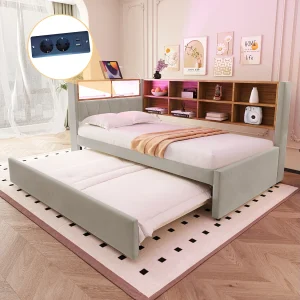 Daybed 90 x 200 cm – Uitschuifbed 90 x 190 cm met LED-verlichting en veel opbergruimte – lichtgrijs flanel Daybed 90 x 200 cm – Uitschuifbed 90 x 190 cm met LED-verlichting en veel opbergruimte – lichtgrijs flanel