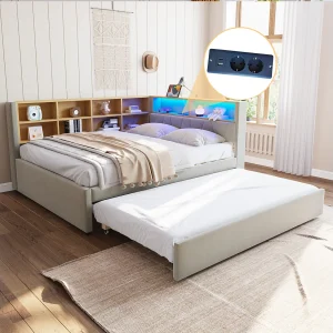 Daybed 140 x 200 cm – Uitschuifbed 90 x 190 cm met LED-verlichting en veel opbergruimte – lichtgrijs flanel Daybed 140 x 200 cm – Uitschuifbed 90 x 190 cm met LED-verlichting en veel opbergruimte – lichtgrijs flanel