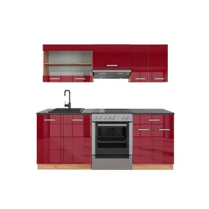 Complete keukeneenheid rood hoogglans/gouden eik 200x60x81.6 r-line Complete keukeneenheid rood hoogglans/gouden eik 200x60x81.6 r-line