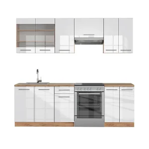 Complete keukeneenheid wit hoogglans/goud power eiken 240x60x81.6 fame-line Complete keukeneenheid wit hoogglans/goud power eiken 240x60x81.6 fame-line