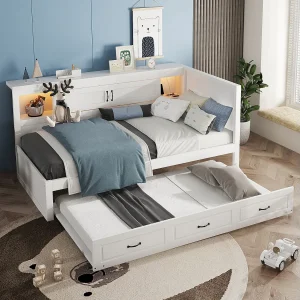 Daybed 90 x 200 cm met uitschuifbaar bed 90 x 190 cm – Met LED, USB en opbergruimte – Wit Daybed 90 x 200 cm met uitschuifbaar bed 90 x 190 cm – Met LED, USB en opbergruimte – Wit