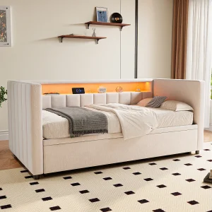 Dagbed 90x190cm omvormbaar tot tweepersoonsbed 180x190cm – LED en USB – Beige fluweel