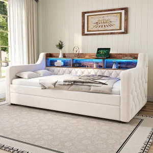 Daybed met uitschuifbaar bed – 2 x 90 x 190 cm – LED en USB-C – Beige fluweel Daybed met uitschuifbaar bed – 2 x 90 x 190 cm – LED en USB-C – Beige fluweel