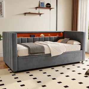 Dagbed 90x190cm omvormbaar tot tweepersoonsbed 180x190cm – LED en USB – Donkergrijs fluweel