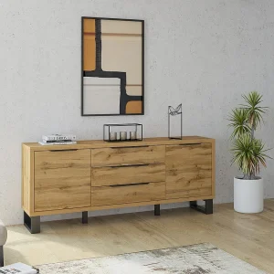 Buffetkast MILO met twee deuren, drie laden. Kleur eiken met zwarte afwerking. Industriële stijl.