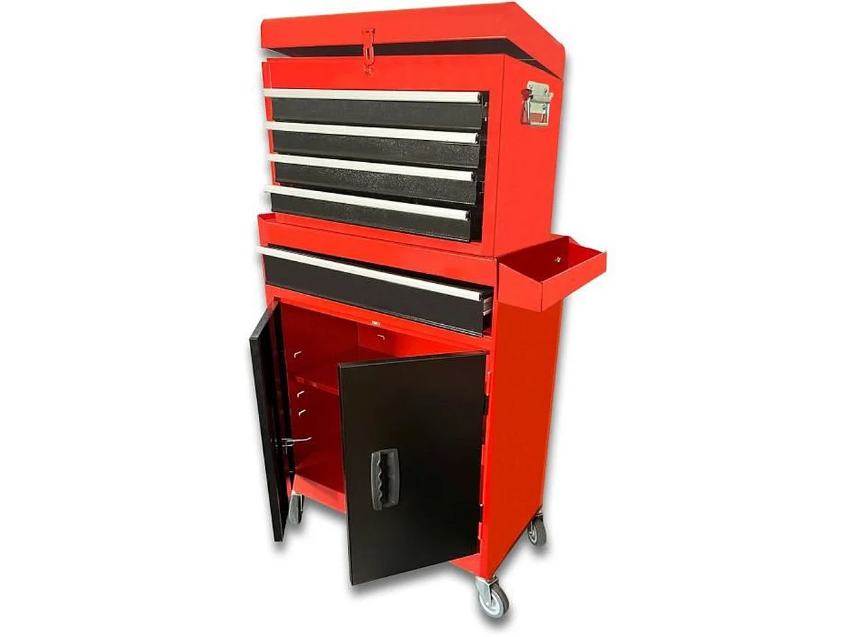 DEFPRO 7-Laden Werkplaats Gereedschapswagen met Verwijderbare Gereedschapskist - Rood Metalen Epoxy Geverfd