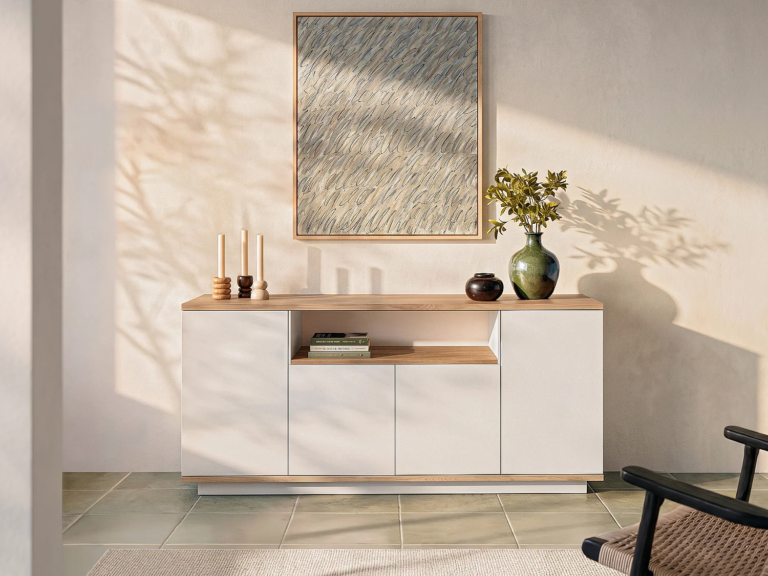 Buffetkast met 4 deuren en 1 plank - Licht naturel en wit - LOTULA