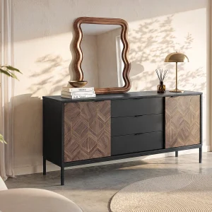 Buffetkast met 2 deurtjes en 3 lades – Zwart en donker naturel – MIALINE Buffetkast met 2 deurtjes en 3 lades – Zwart en donker naturel – MIALINE