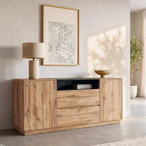 Buffetkast met 2 deuren, 2 lades en 1 nis – Naturel en zwart – CEMILINA
