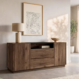 Dressoir met 2 deuren, 2 lades en 1 open vak – Donker naturel en zwart – CEMILINA