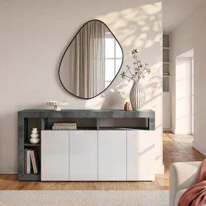 Buffetkast SEFRO – 4 deuren en 4 nissen – Witgelakt en betonkleur – Koop nu online Buffetkast SEFRO – 4 deuren en 4 nissen – Witgelakt en betonkleur – Koop nu online