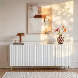 Buffetkast met 4 deurtjes van mdf en staal – Wit en goudkleurig – YESINIA Buffetkast met 4 deurtjes van mdf en staal – Wit en goudkleurig – YESINIA