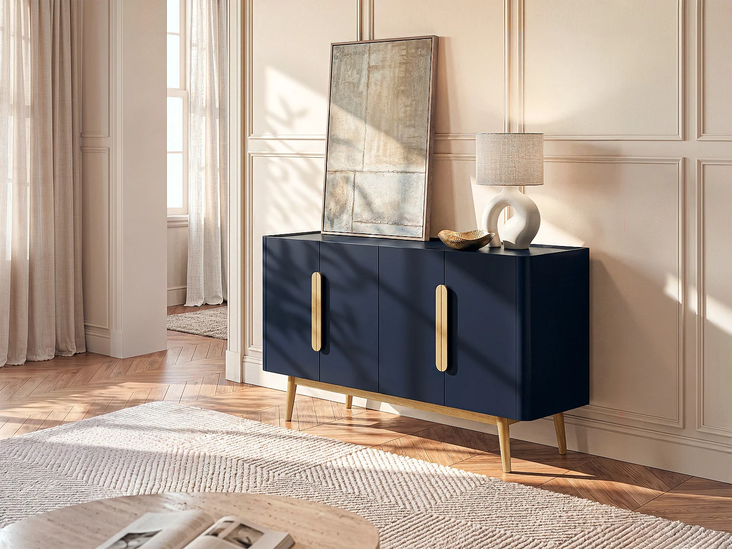 Buffetkast met 4 deurtjes van mdf en hevea - Blauw en licht naturel - DUNELON