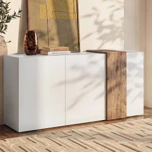 Buffetkast met 3 deuren – Wit en licht naturel – CAYNO Buffetkast met 3 deuren – Wit en licht naturel – CAYNO