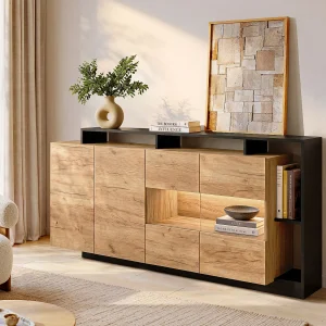 Buffetkast met 4 deuren en 4 nissen met ledverlichting – Licht naturel en antraciet – IDESIA