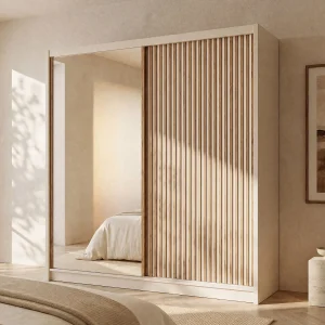 Kledingkast met 2 schuifdeuren met spiegel B203 cm kleur beige en naturel – CALOWI Kledingkast met 2 schuifdeuren met spiegel B203 cm kleur beige en naturel – CALOWI