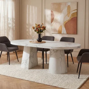 Verlengbare eettafel 6 tot 12 plaatsen van mdf – Wit marmereffect – CLOEVA