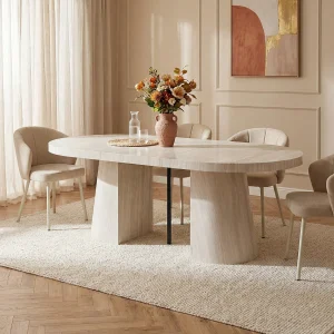 Uitschuifbare eettafel voor 6 tot +12 personen van MDF – Beige travertijn effect – CLOEVA